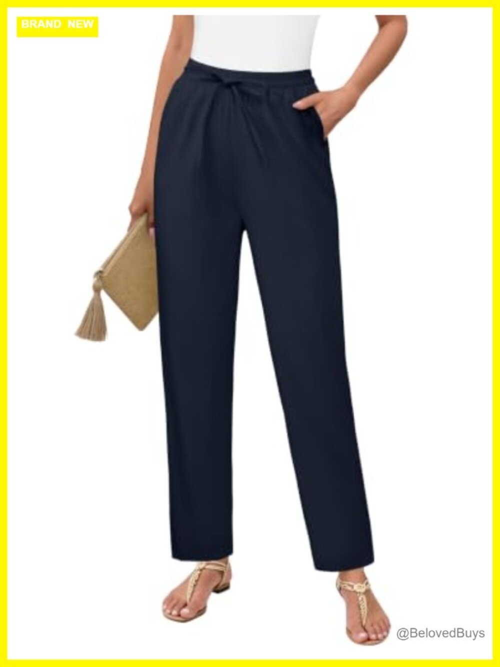 Linen Blend High Waisted Drawstring Ankle Trousers Casual Pull On Pants
